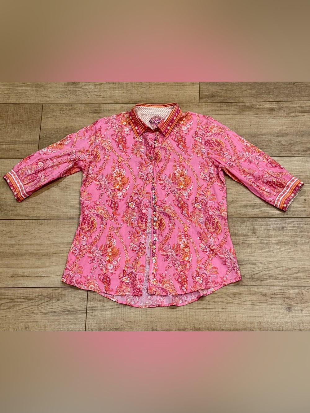Robert Graham Pink Paisley Embroidered Cotton Shirt Estimated Large